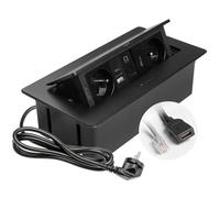 GTV Prise encastrable Multisoft noire avec 2 prises de courant avec terre, USB A+C, RJ45, HDMI 2.0, escamotable avec couvercle, câble de 1,5 m, idéale pour la cuisine, le bureau ou la table de