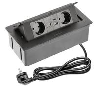 GTV Prise encastrable Multisoft noire avec 2 prises Schuko, USB C, RJ45, HDMI 2.0, couvercle, rétractable, câble de 1,5 m, pour bureau, table de conférence, cuisine ou bureau à domicile