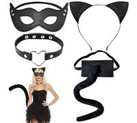 GTYARYUA Deguisement Chat Adulte, 4 PCS Deguisement Cat Woman Adulte Femme, Catwoman Accessoires Femme avec Bandeau, Queue, Collier, Masque de Chat Noir, pour Jeux de Rôle d'Halloween et de Carnaval