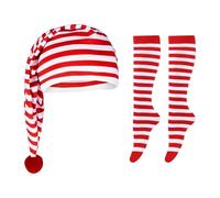 GTYHH 1 Bonnet De Nuit Rayé, 1 Paire De Chaussettes Rayées, Chapeau Pointu Avec Pompons, Adapté Pour Carnaval Et Enterrement De Vie De Garçon (Rouge).