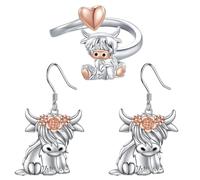 GTYHH 1 Paire De Boucles d'oreilles en Forme De Vache des Highlands Et 1 Bague Assortie, Bijoux Animaux De Style Écossais, Adaptés pour Un Usage Quotidien Et des Cadeaux d'anniversaire (Argent).
