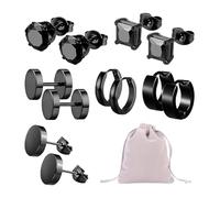 GTYHH Un Ensemble De 6 Paires De Boucles d'oreilles Noires avec Sac De Rangement, Zircone, Bouchons d'oreilles en Acier Inoxydable, Boucles d'oreilles Unisexes, Acier Unisexe, Acier Inoxydable