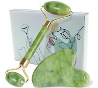Gua Sha + Rouleau visage Jade + Guide d'utilisation - 100 % naturel - Masseur Yeux - Anti-rides - Rouleau relaxant et raffermissant (Set Jade)