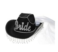 Guaber Chapeau de cowboy de mariée avec voile de strass et franges pour enterrement de vie de jeune fille - Accessoire de mariée avec voile et strass - Pour femme - Blanc et noir, Noir , Taille unique