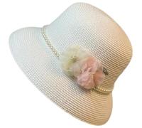 Guaber Chapeau de paille occidental avec fleur tissée à la main respirant soleil britannique élégant chaîne de perles paille avec fleur panama chapeau pour femme, blanc, Taille unique