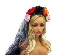 Guaber Serre-tête effrayant à LED en forme de fleur et de crâne pour Halloween, fête de mariage, bandeau pour femme avec voile noir