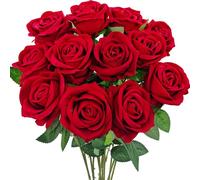Guagb Lot de 12 Roses artificielles en Velours avec Longues tiges - Toucher réaliste - pour Saint-Valentin, Bouquet de Mariage, fête, Centre de Table, Arrangements d'intérieur (Rouge)