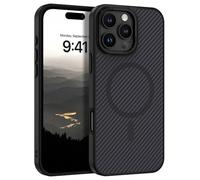 GUAGUA Coque magnétique pour iPhone 16 Pro Max, compatible avec MagSafe, fibre de carbone, étui léger antichocs TPU Bumper fin, antidérapant, anti-rayures, protection anti-jaunissement, étui noir