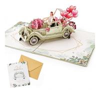 GUAKOVRAN Carte Mariage 3D Pop-Up Just Married Fleurs Voiture Vintage | enveloppe assortie incluse, feuille intérieure vierge, surface résistante, écriture personnalisée, pour célébration mariage