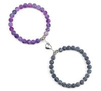 Gualiy 2Pcs Bracelet en Pierre Homme, Bracelet en Pierre Violet et Noir de 8mm avec Cœur Bracelets Élastique pour Femmes 18CM