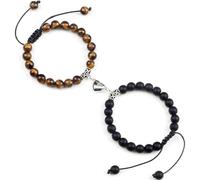 Gualiy 2Pcs Bracelet Perle Homme, Bracelet Œil de Tigre en Pierre Mate de 8mm avec Cœur Bracelets Pierre Femme Reglable 17-30CM