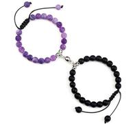 Gualiy 2Pcs Bracelet Perles Homme, Bracelet en Pierres Noirs et Violets de 8mm Reglable Bracelets Pierre pour Femmes 17-30CM