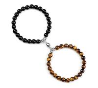 Gualiy 2Pcs Bracelet Pierre Naturelle Homme, Bracelet Œil de Tigre en Perles Polies 8mm Bracelets Élastique Perles pour Femmes 18-19CM