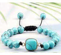 Gualiy Bracelet de Perle Homme, Bracelet Turquoise Bleu 8mm avec Breloque Carré Reglable Bracelets pour Femmes 17-28CM