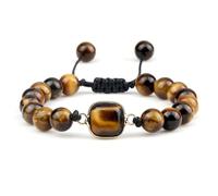 Gualiy Bracelet en Perle, Bracelet Œil de Tigre 8mm avec Breloque Carré Bracelets Reglable pour Hommes Femmes 17-28CM