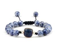 Gualiy Bracelet en Pierre Homme, Bracelet de Perles Bleu Blanc avec Breloque Carré Bracelets Pierre Reglable pour Femmes 17-28CM