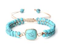 Gualiy Bracelet en Pierre Homme, Bracelet Turquoise Bleu 4mm avec Breloque Carré Bracelets Perle Reglable pour Femmes 17-28CM