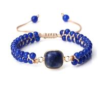 Gualiy Bracelet Homme Perle, Bracelet en Lapis-Lazuli Bleu Foncé 4mm avec Breloque Carré Bracelets Reglable Pierres pour Femmes 17-28CM