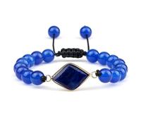 Gualiy Bracelet Perle, Bracelet en Lapis-Lazuli Bleu Foncé 8mm avec Breloque Losange Bracelets Reglable Homme 17-28CM