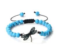 Gualiy Bracelet Perle Homme, Bracelet Turquoise 8mm avec Libellule Noir Reglable Bracelets pour Femmes 17-28CM
