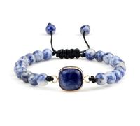 Gualiy Bracelet Pierre Homme, Bracelet en Pierre Bleu Blanc de 6mm avec Breloque Carré Bracelets Reglable pour Femmes 17-28CM