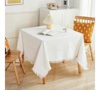 Gualiy Nappe de Table en Polyester Coton, Nappe Table 180 x 260 Nappe Anti Tache Table Motif Tressé avec Pompons Nappe Rectangulaire pour Ménage Cuisine Jardin Picnic Exterieur, Blanc