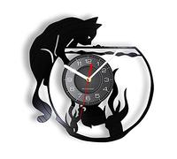 Guang trading Pendule Murale de 30CM Chat capturant Poisson Bocal Horloge Murale en véritable Disque Vinyle Vif Vinyle LP Record Horloge Murale découpée au Laser Artisanat Art décor
