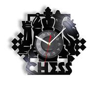 Guang trading Pendule Murale de 30CM Jeu d'échecs Art Mural Horloge Murale échiquier Noir pièces stratégie Joueur Club maître d'échecs Disque Vinyle Horloge Amoureux des échecs Cadeau