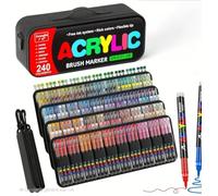 Guangna 240 Marqueurs Acryliques à Pointe Pinceau - Trousse Portable, Nuancier de Couleurs & 20 Pointes de Rechange, Feutre Acrylique Liquide Direct - Idéal pour Verre, Céramique, Pierre, Coloriage