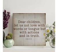 Guangpat Panneau en bois « Dear Children Let Us Not Love with Words » - Verse de la Bible - Décoration murale rustique - Décoration murale religieuse pour salon, chambre à coucher, nouvelle maison