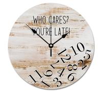 Guangpat Who Cares You're Late Horloge murale en bois de grange blanche et marron - Grande horloge murale en bois à piles - 25,4 cm - Décoration murale de ferme pour salon, cuisine, chambre à coucher