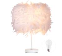 GUANSHAN 1 lampe de table simple en plumes blanches, lampe de chevet romantique en plumes, abat-jour décoratif pour salon ou chambre, taille L