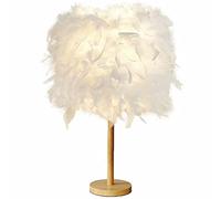 GUANSHAN Lampe de table en plumes blanches Lampe de chevet avec base en bois et support Lampe de table en plumes Abat-jour de bureau pour lampe de chambre à coucher, lampe décorative, salon