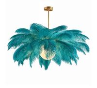 GUANSHAN Plafonnier créatif en plumes d'autruche bleu paon, lustre romantique et esthétique avec base dorée pour chambre, salon ou couloir
