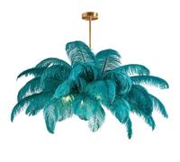 GUANSHAN Plafonnier créatif en plumes d'autruche bleu paon, lustre romantique et esthétique avec base dorée pour chambre, salon ou couloir