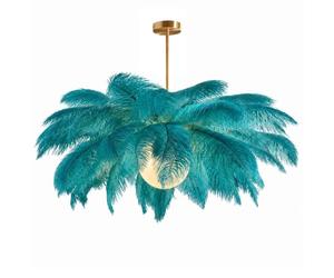 GUANSHAN Plafonnier créatif en plumes d'autruche bleu paon, lustre romantique et esthétique avec base dorée pour chambre, salon ou couloir