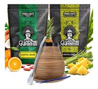 Guarani set de yerba mate | Paquet de deux yerba mate | Guarani Menta Limon et Exotic Rain | Calebasse, bombilla et accessoires | Caféine naturelle | Yerba mate du Paraguay | 2x500g | 1kg