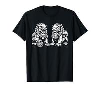 Guardian Lion Dogs Duo Line Art Fierce Temple Protecteurs T-Shirt