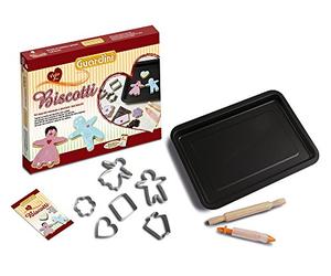 Guardini Coffret cadeau « Voglia di Biscotti », 1 plaque rectangulaire 26 x 37cm + 1 rouleau à pâtisserie + 6 découpes-pâte + 1 stylo de décoration +1 livre de recettes, Moule en acier, noir