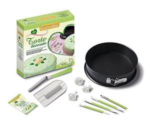 Guardini Coffret cadeau «Voglia di Torte decorate» 1 moule démontable 26 cm +1 lisseur à gâteaux +1 spatule +3 ustensiles +1 pinceau +3 emporte-pièces à piston +1 livre de recettes, Moule acier, noir