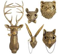 GUASDIE Décoration murale en forme de têtes d'animaux, support en fausse tête de cerf, décoration murale en résine à suspendre pour salon, chambre à coucher, cuisine, cadeau, 5 pièces,