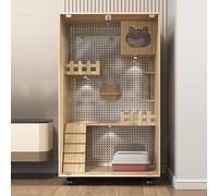 GUAWJRZDP Grande Cage pour Chat, Enclos pour Chat, Cage Chat, Bois, Porte Vitrée, Planche Perforée en Métal, avec Échelle, avec roulettes, Parc pour Chat(Wood Color/,Length35.4in)