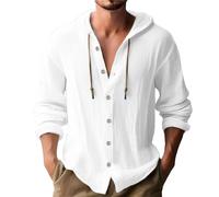 Guayabera Chemise en lin pour homme avec capuche - Col en V décontracté à manches longues et cordon de serrage - Chandail à capuche boutonné hawaïen pour la plage hippie - Chemisier doux, blanc, M