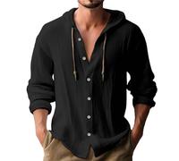 Guayabera Chemise en lin pour homme avec capuche - Col en V décontracté à manches longues et cordon de serrage - Chandail à capuche boutonné hawaïen pour la plage hippie - Chemisier doux, Noir , L
