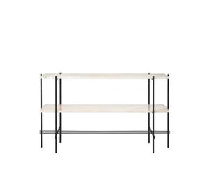 GUBI Table d’appoint TS Console 120x30x72 cm natural white travertine. structure noire. 2 étagères en marbre