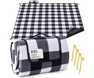 Gucass 200 x 200 cm Couverture de Pique-Nique imperméable - avec poignée de Transport, Pliable, sans Sable, Lavable, pour Barbecue, Randonnée, Voyage (Grille Noire et Blanche)