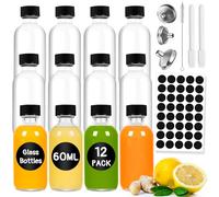 Gucass Lot de 12 bouteilles à shot à remplir, de 60 ml, petits verres à shot avec couvercle, bouteilles en verre à remplir avec entonnoir, étiquettes, stylo et brosse, mini bouteilles pour jus