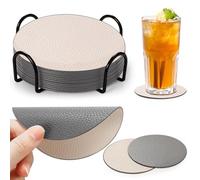 Gucass Lot de 12 dessous de verre double face en cuir synthétique avec support, dessous de verre aspect cuir gris et crème