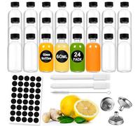 Gucass Lot de 24 bouteilles à shot à remplir, de 60 ml, petits verres à shot avec couvercle, bouteilles en verre à remplir avec entonnoir, étiquettes, stylo et brosse, mini bouteilles pour jus