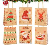 Gucass Lot de 24 Sacs de Cadeau de Noël, Sachet Noel en Papier Kraft avec Poignée, Pochettes de Noël Personnalis avec Autocollants, pour Emballer Bonbons, Biscuits, Chocolats et Cadeaux(Style A)